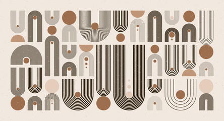 Arch and circle elements, modern geometric shapes. Contemporary design, mid century minimalist art. Trendy design elements for wall decor, posters, books, covers and flyers. Vector illustration