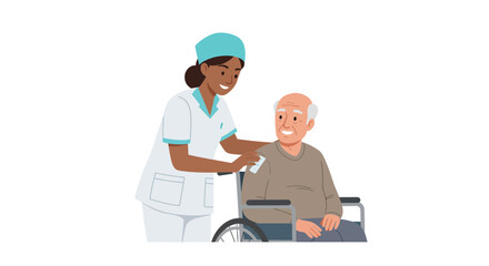 Caring nurse providing compassionate care to senior man in wheelchair, highlighting empathy and support for elderly healthcare needs and home assistance