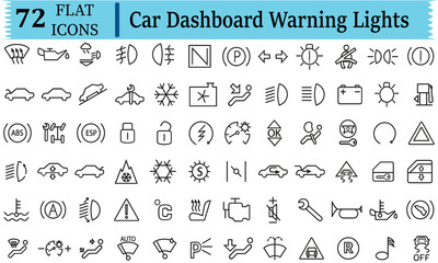 Car Dashboard Warning Lights Line Icons Set. 72 Auto Vehicle Indicator Symbols on white background. Editable Vector stroke pictograms. illustration EPS10