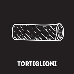 Pasta tortiglioni sketch. Italian food. Hand drawn vector illustration. Tortiglioni pasta Engraved style. Detailed black and white illustration.