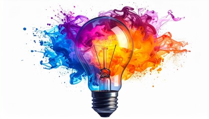 Light bulb bursting with vibrant splashes of purple, orange, pink, and blue paint on dark background, symbolizing creativity and inspiration.