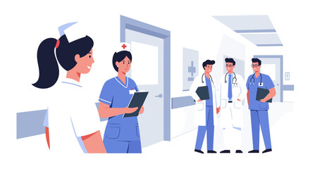 Dedicated medical team including doctors and nurses collaborating in a modern hospital hallway, conveying care and professionalism.