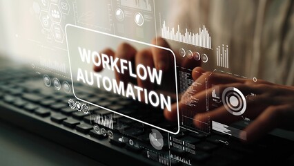 Hands Typing on Keyboard with Overlay Graphics Representing Workflow Automation in Modern Digital Environment. Asymptotic smart data analytic.
