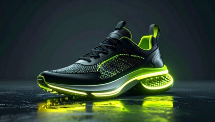 Futuristic black athletic shoe with neon green glow accents, mesh upper, and advanced sole design on reflective surface with dark background.