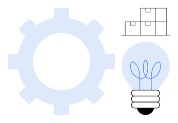 Gear, stacked boxes, lightbulb with plant sprout emphasize technology, efficiency, sustainability, growth, innovation, solutions and development. Ideal for business productivity eco-consciousness