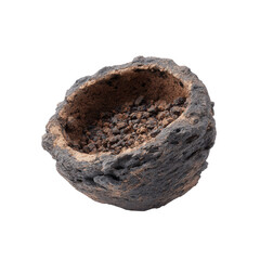 Fototapeta premium A rough, porous, dark gray volcanic rock with a hollowedout center filled with small pebbles, isolated on a transparent background