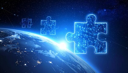 Earth illuminated from space with glowing cosmic puzzle pieces floating above, symbolizing global connectivity and universal mystery.