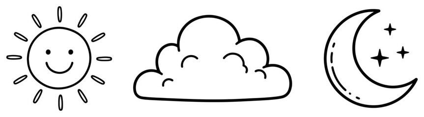 Cute Doodle Weather Icons with Sun Cloud and Moon