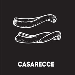 Pasta casarecce sketch. Italian food. Hand drawn vector illustration. Casarecce pasta Engraved style. Detailed black and white illustration.