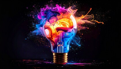 Light bulb bursting with vibrant splashes of purple, orange, pink, and blue paint on dark background, symbolizing creativity and inspiration.