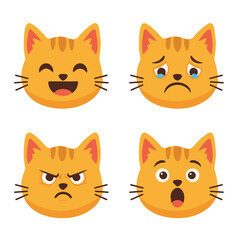 Four cartoon cat faces showing different emotions: happy, sad, angry, and surprised.