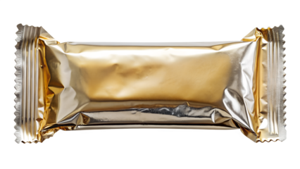 A golden foilwrapped candy bar isolated on a transparent background, representing a sweet treat or snack