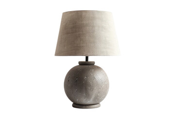 A stylish round concrete lamp with a textured shade illuminating a minimalist interior in soft evening light isolated on transparent background