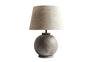 A stylish round concrete lamp with a textured shade illuminating a minimalist interior in soft evening light isolated on transparent background