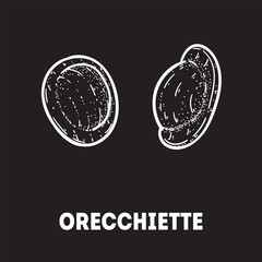 Pasta orecchiette sketch. Italian food. Hand drawn vector illustration. Orecchiette pasta Engraved style. Detailed black and white illustration.