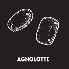 Pasta agnolotti sketch. Italian food. Hand drawn vector illustration. Agnolotti pasta Engraved style. Detailed black and white illustration.
