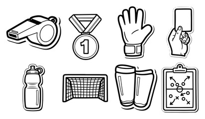 Set of Soccer and Football Equipment Doodle Icons