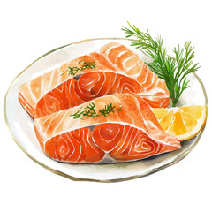 Smoked Salmon Platter, watercolor painting vector, isolated on a white background.