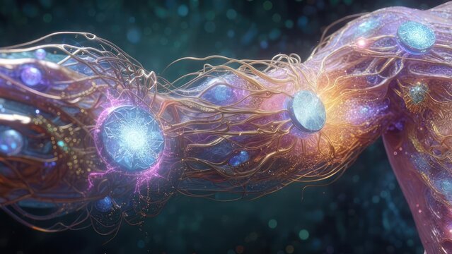 Abstract Bioluminescent Neural Network with Glowing Orbs and Tendrils. - Powered by Adobe