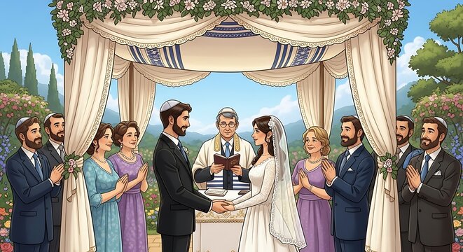 Jewish Wedding Ceremony Under Chuppah with Guests and Rabbi Illustration.