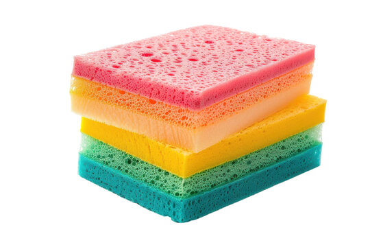 Colorful kitchen sponges stacked neatly, displaying vibrant hues and textures, ready for cleaning chores in a bright and lively space isolated on transparent background - Powered by Adobe