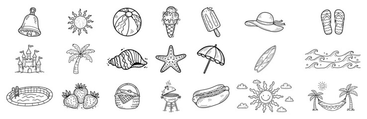 A Collection of Hand Drawn Summer Holiday Doodles Black Shape Vector Laser Cutting Engraving Monochrome Print