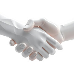 Rendered  shows two hands clasped in a firm handshake, showcasing a glossy white finish against a stark black backdrop, highlighting the interaction of two individuals, symbolizing agreement and...