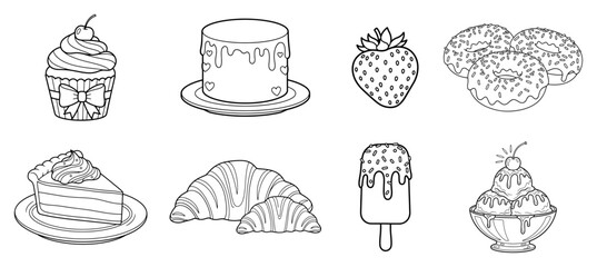 Set of Sweet Desserts and Pastries for a Bakery Menu Black Shape Vector Laser Cutting Engraving Monochrome Print