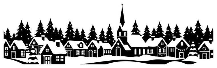 Obraz premium Snowy Christmas Village at Night Winter Scene Black Shape Vector Laser Cutting Engraving Monochrome Print