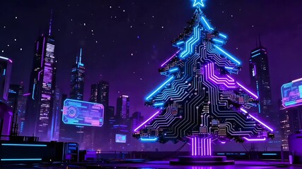 Cyberpunk Christmas tree made of glowing neon circuits, futuristic city skyline in background - Powered by Adobe