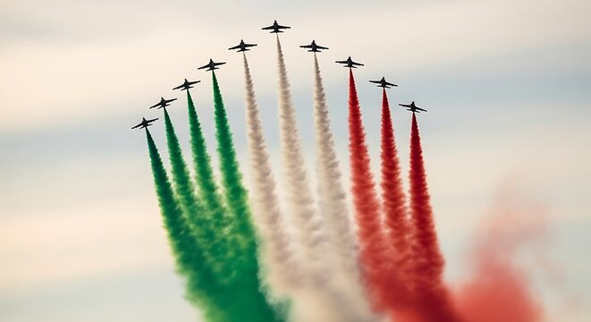 Italian air force aerobatic team frecce tricolori performing an airshow in formation
