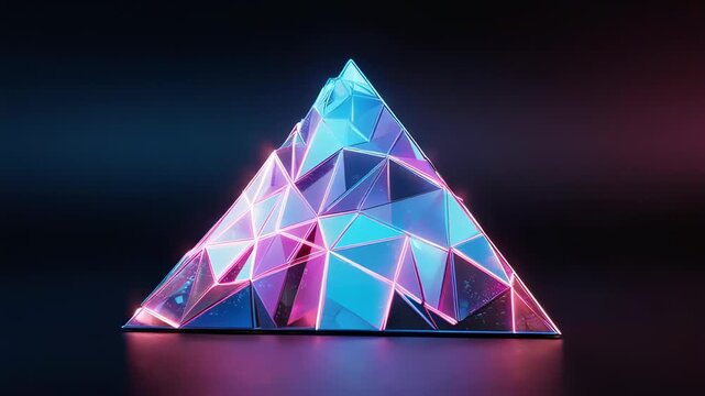 A geometric pyramid illuminated by neon lights on a reflective surface
