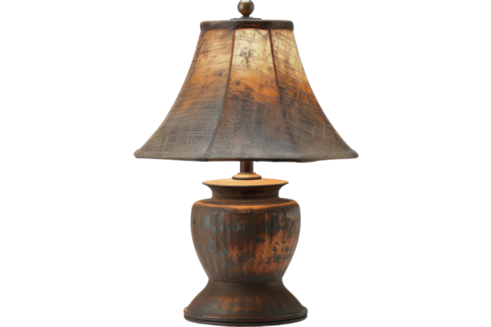 Rustic table lamp casting a warm glow with a vintage design, enhancing cozy interiors in a softly lit room isolated on transparent background