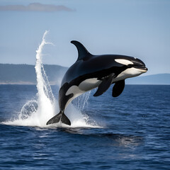 Fototapeta premium Orca jumping out of the water with a splash, displaying its black and white colors in the ocean