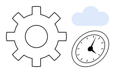 Gear, clock, and cloud in minimalist style. Ideal for productivity, time management, innovation, cloud computing, automation teamwork and process optimization. Simple flat metaphor