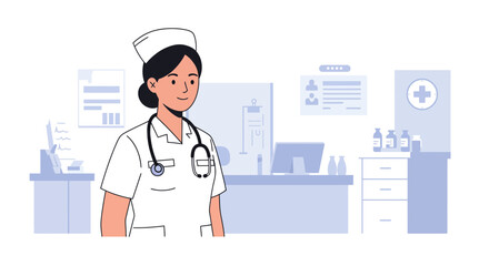 Dedicated nurse in a modern clinic environment ready to provide compassionate care and support to patients needing medical assistance