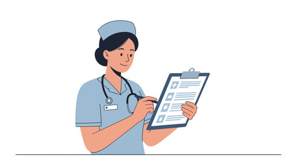 Caring nurse diligently reviewing patient chart with stethoscope, embodying healthcare dedication and professional medical attention