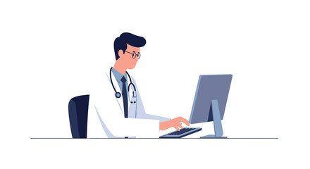 Professional doctor focused on computer screen in modern office, typing and managing patient records with stethoscope around neck for digital healthcare solutions.