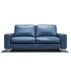 Fototapeta premium Modern blue leather sofa isolated on a white background. Contemporary two-seater loveseat for interior design. Home furniture product shot