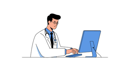Confident doctor wearing lab coat and stethoscope attentively typing on modern computer keyboard for patient records