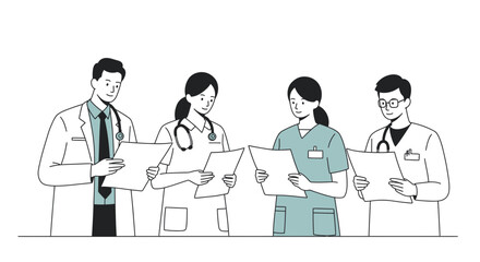 Diverse medical team collaborates reviewing patient charts, showcasing teamwork, dedication, and modern healthcare practices for a healthier future.