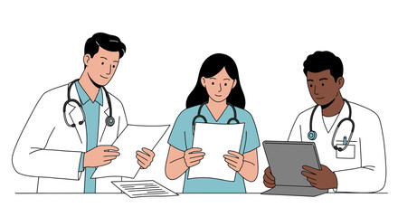 Diverse medical team collaborating on patient charts and digital records, showcasing modern healthcare teamwork and professional consultation.