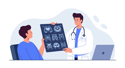 Doctor explaining medical scan results to concerned patient, fostering hope and understanding in a professional healthcare setting.