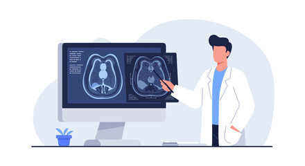 Dedicated doctor explains brain scan results using modern technology for accurate diagnosis and patient care advancement.