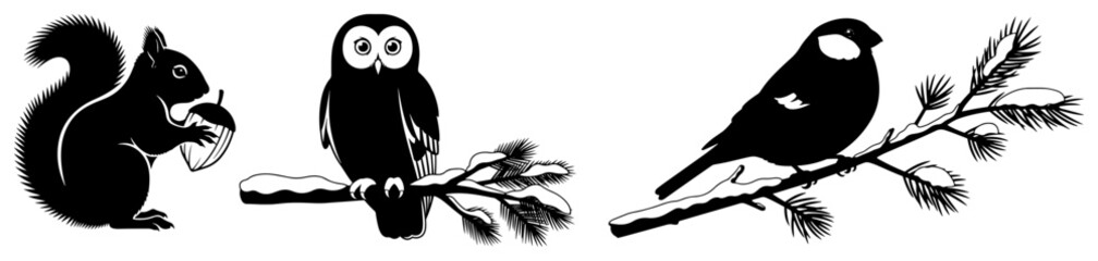 Woodland Animals Silhouette Set with Squirrel Owl and Songbird