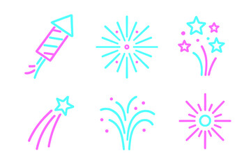 Bright neon outline icons of various fireworks and celebratory bursts for festive occasions and events