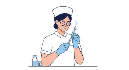 Caring nurse expertly prepares vaccine, offering hope and healing with precision and gentle touch