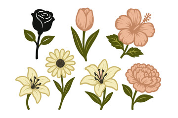 Collection of diverse botanical elements with stylized flowers including roses, tulips, lilies, and daisies in a natural color palette