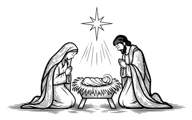 Nativity Scene with Mary Joseph and Baby Jesus Engraved Vector