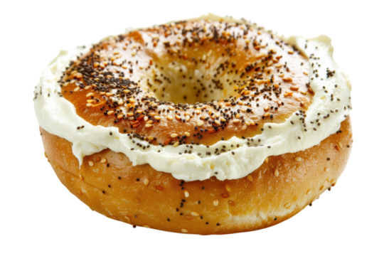 Delicious freshly baked bagel topped with creamy spread and a sprinkle of seasoning, perfect for a breakfast treat isolated on transparent background